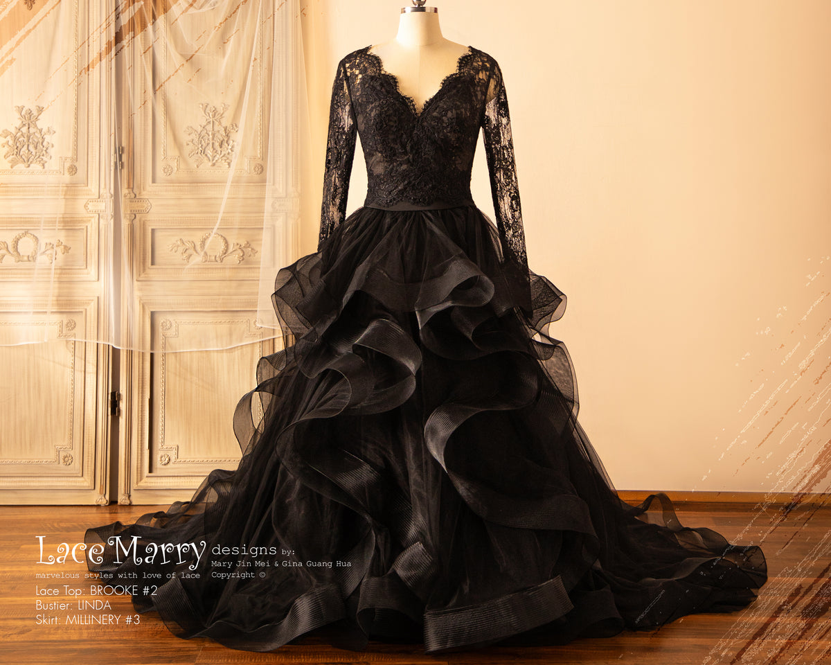 Black Wedding Dress with Separate Long Lacy Sleeves Bolero and Bustier