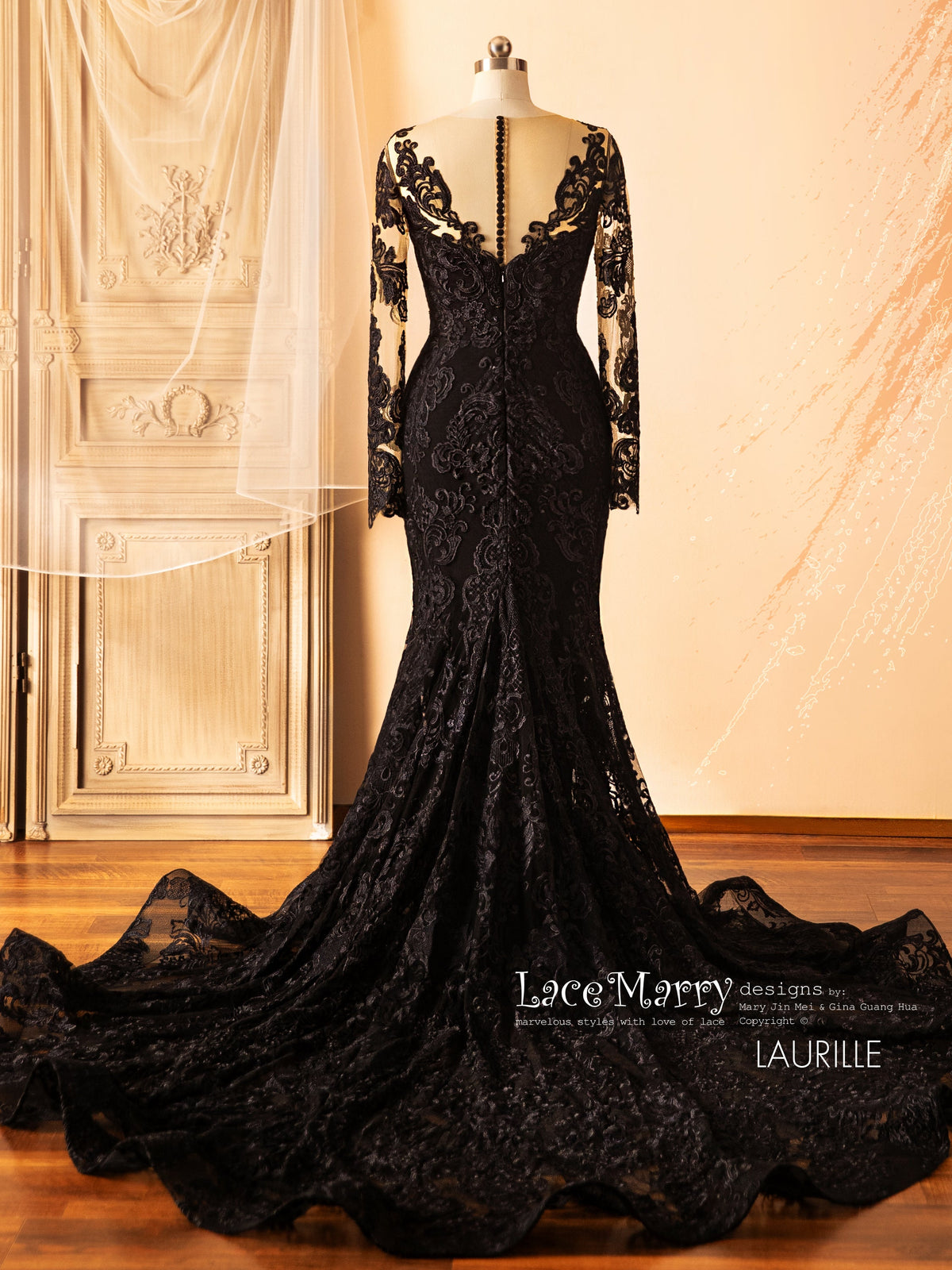 LAURILLE / Black Wedding Dress with Long Sleeves