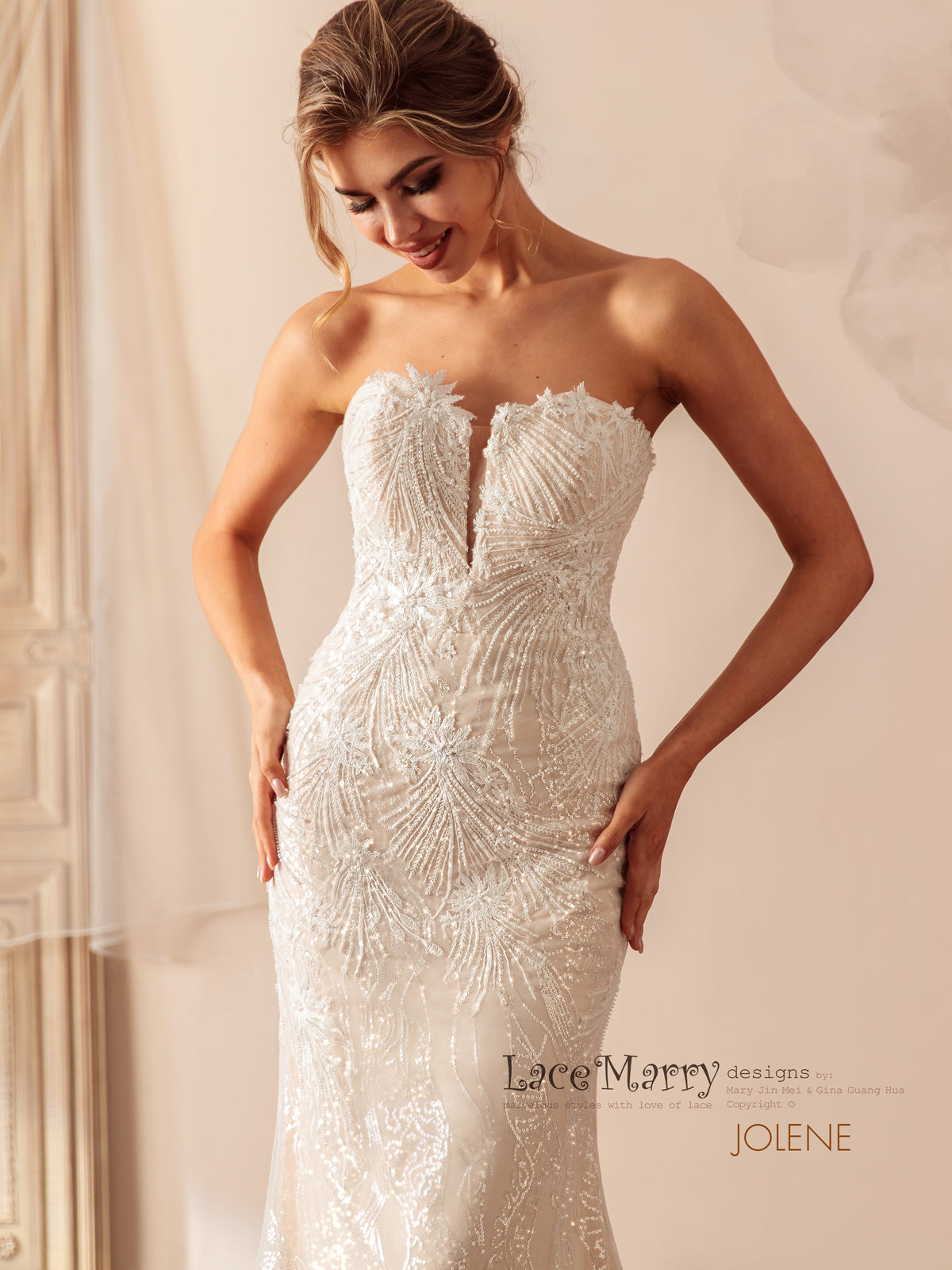 JOLENE / Strapless Wedding Dress with Plunge Neckline and Beaded Appliques