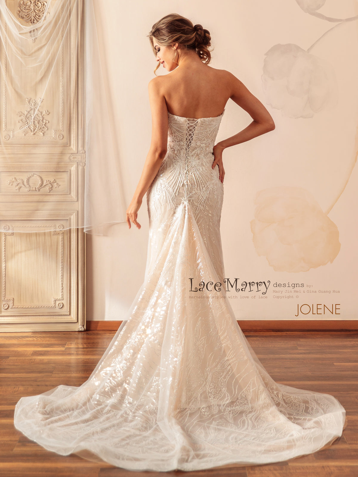 JOLENE / Strapless Wedding Dress with Plunge Neckline and Beaded Appliques