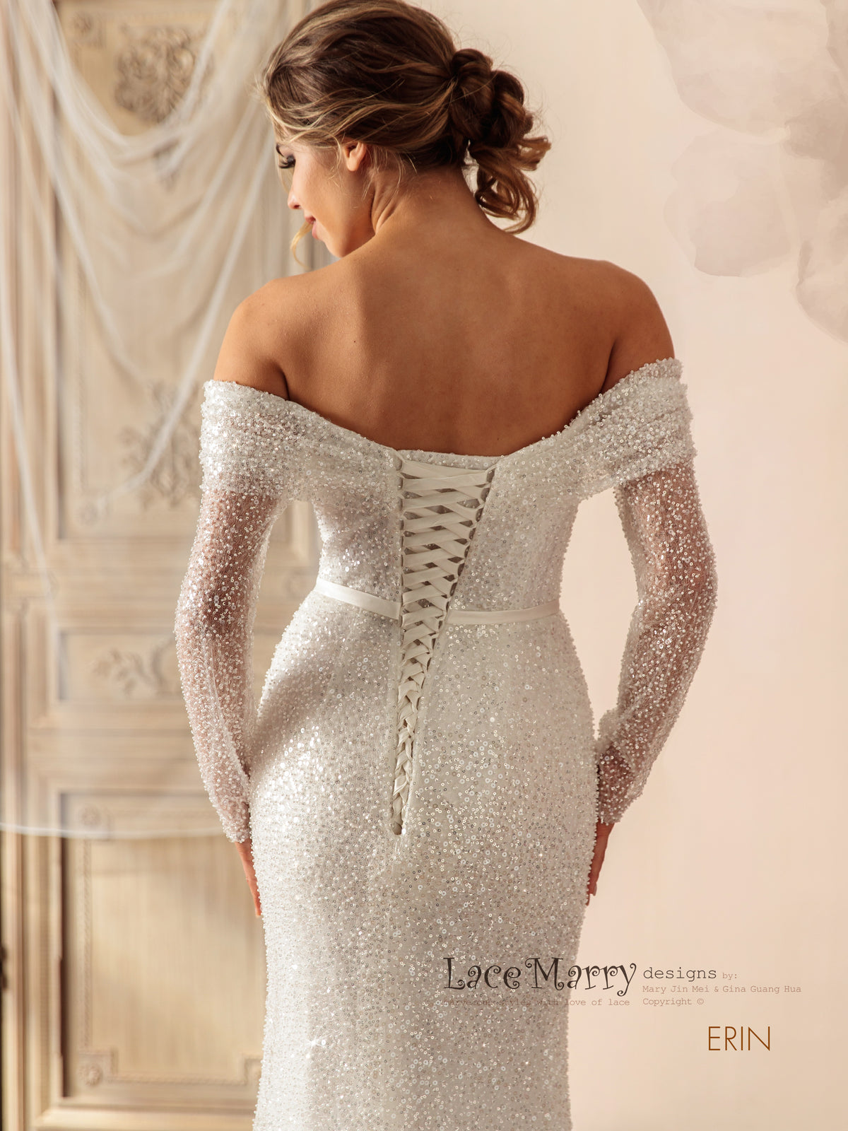 ERIN / Sparkling Wedding Dress with Off the Shoulder Long Sleeves
