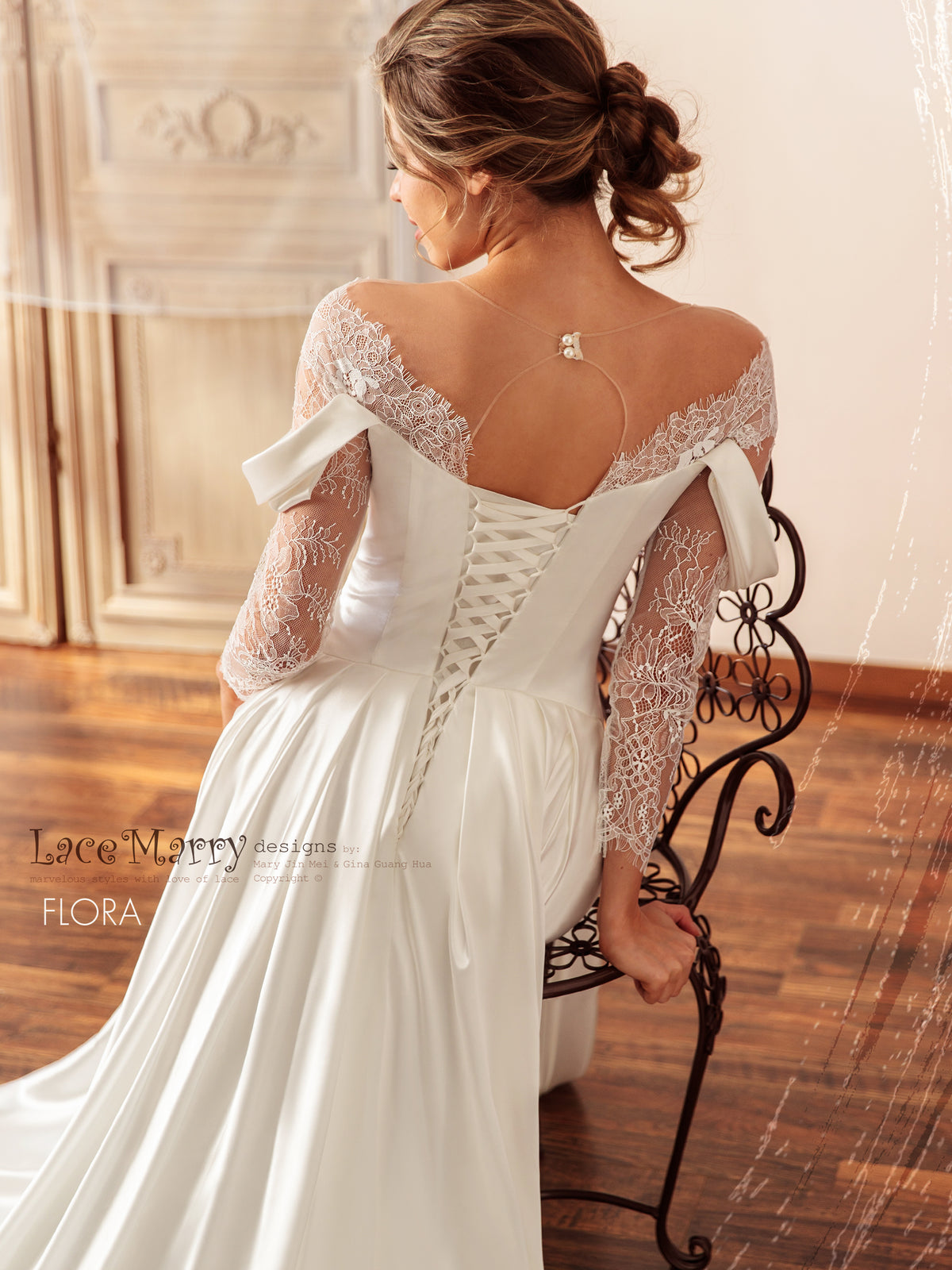 FLORA / Illusion Neck Lace Wedding Dress with Slit on the Skirt