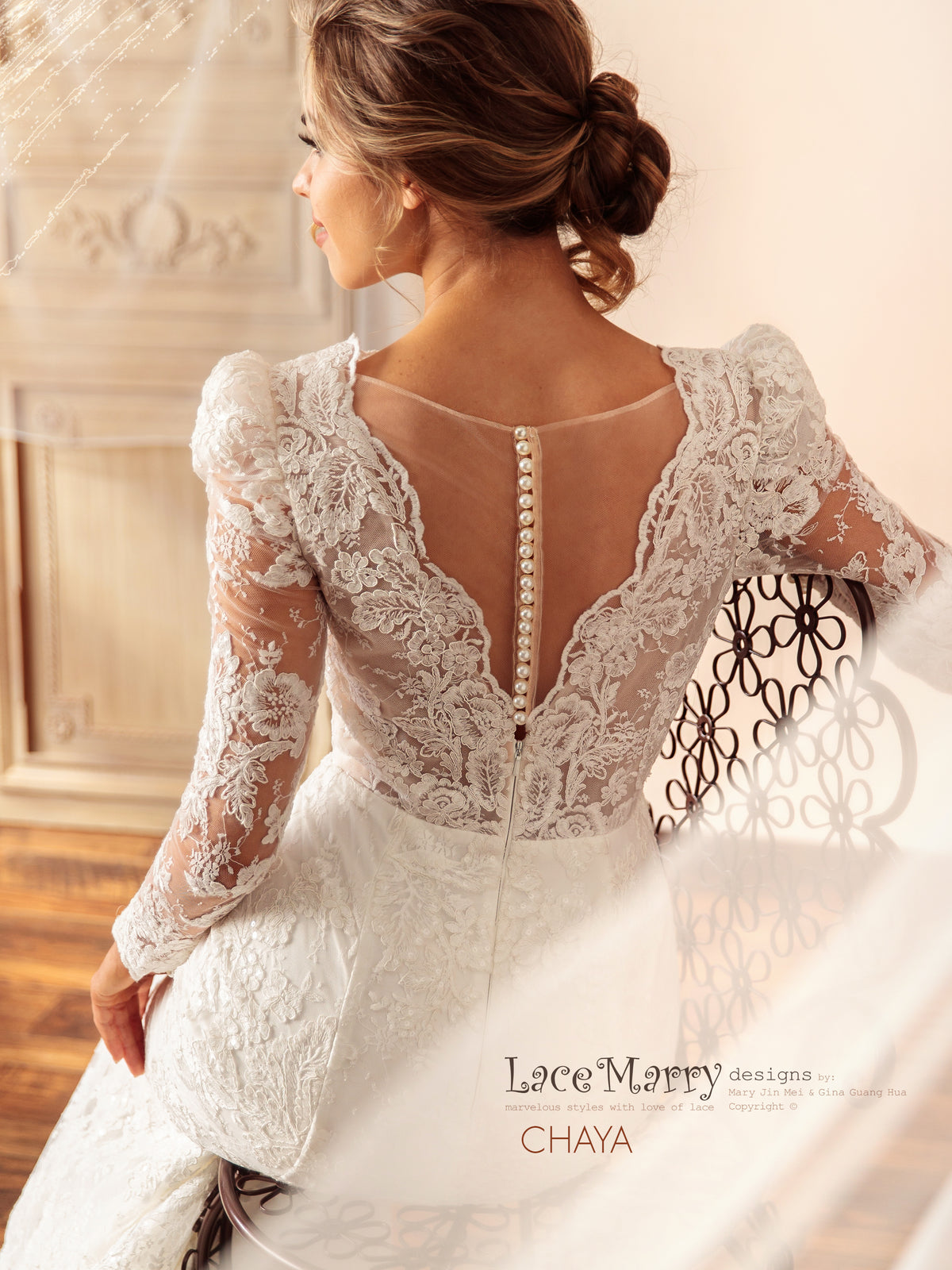 CHAYA / Sparkling Lace Wedding Dress with Puff Shoulder Long Sleeves