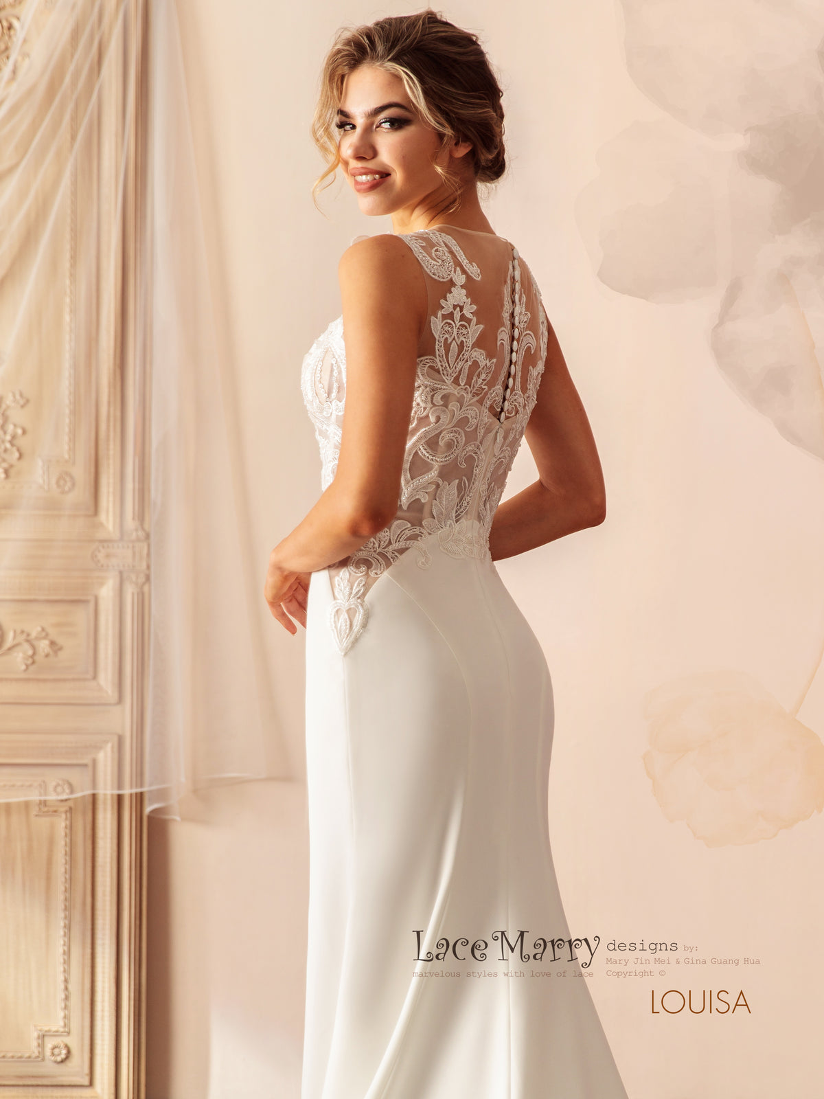 LOUISA / Plain Skirt Wedding Dress with Beaded Lacy Bodice