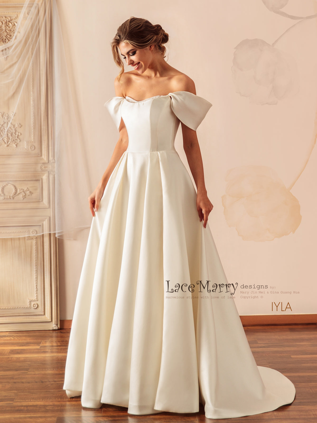 IYLA / Off Shoulder Wedding Dress with A Line Skirt and Inner Corset