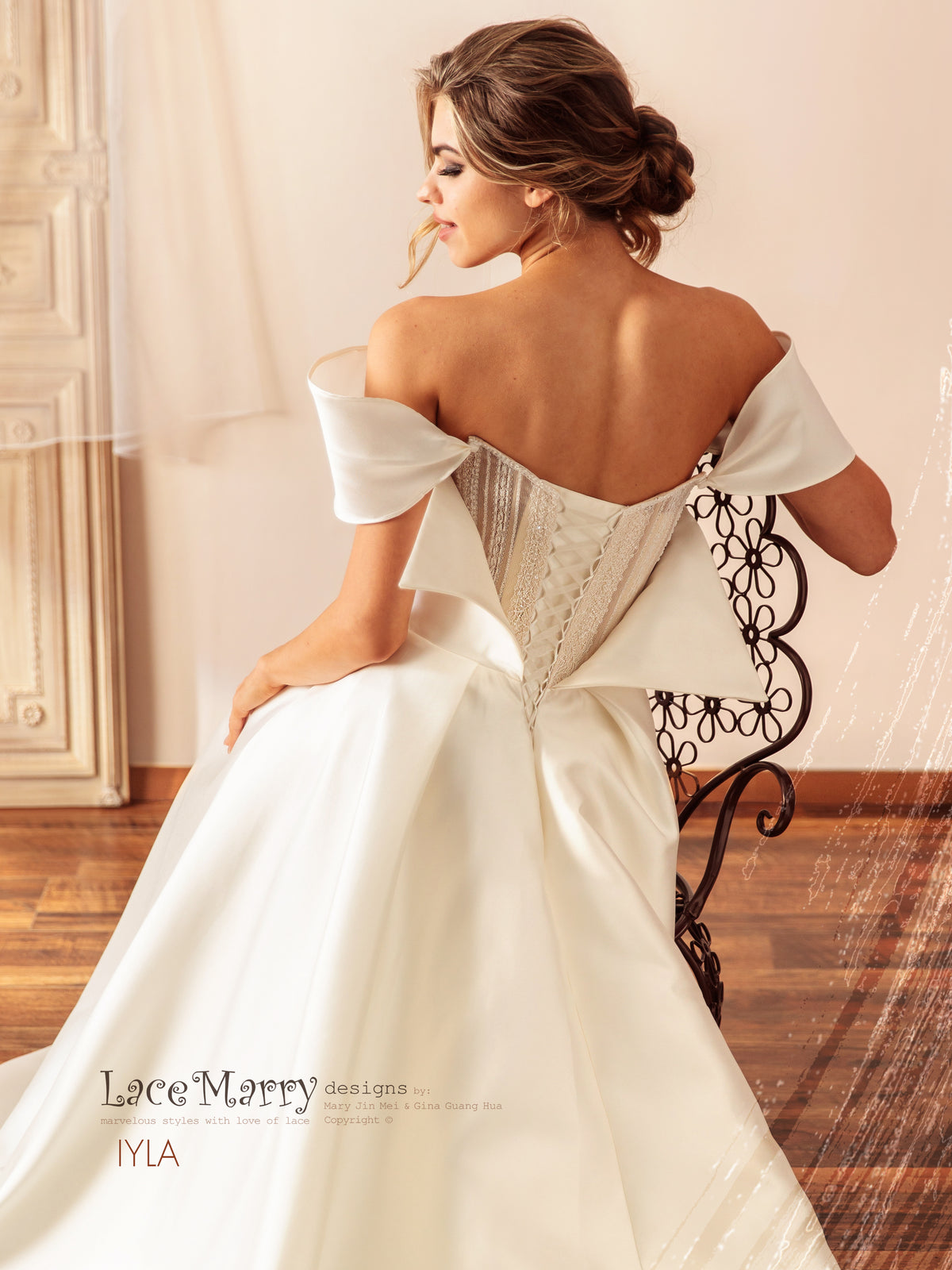 IYLA / Off Shoulder Wedding Dress with A Line Skirt and Inner Corset