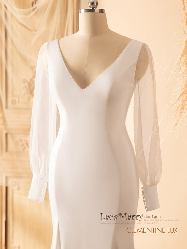 CLEMENTINE LUX / Elegant Wedding Dress with Long Sheer Sleeves - LaceMarry