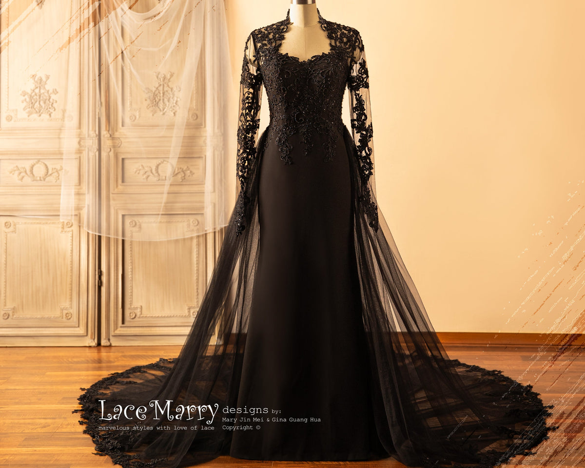 CLAIRE / Black Wedding Dress with Queen Anne Neckline