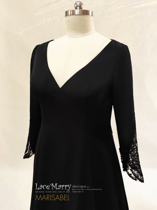 fitted black dress long sleeve MARISABEL / Black Wedding Dress with Deep V Neckline