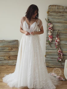 Unique Lace Pattern Wedding Dress with Flutter Sleeves