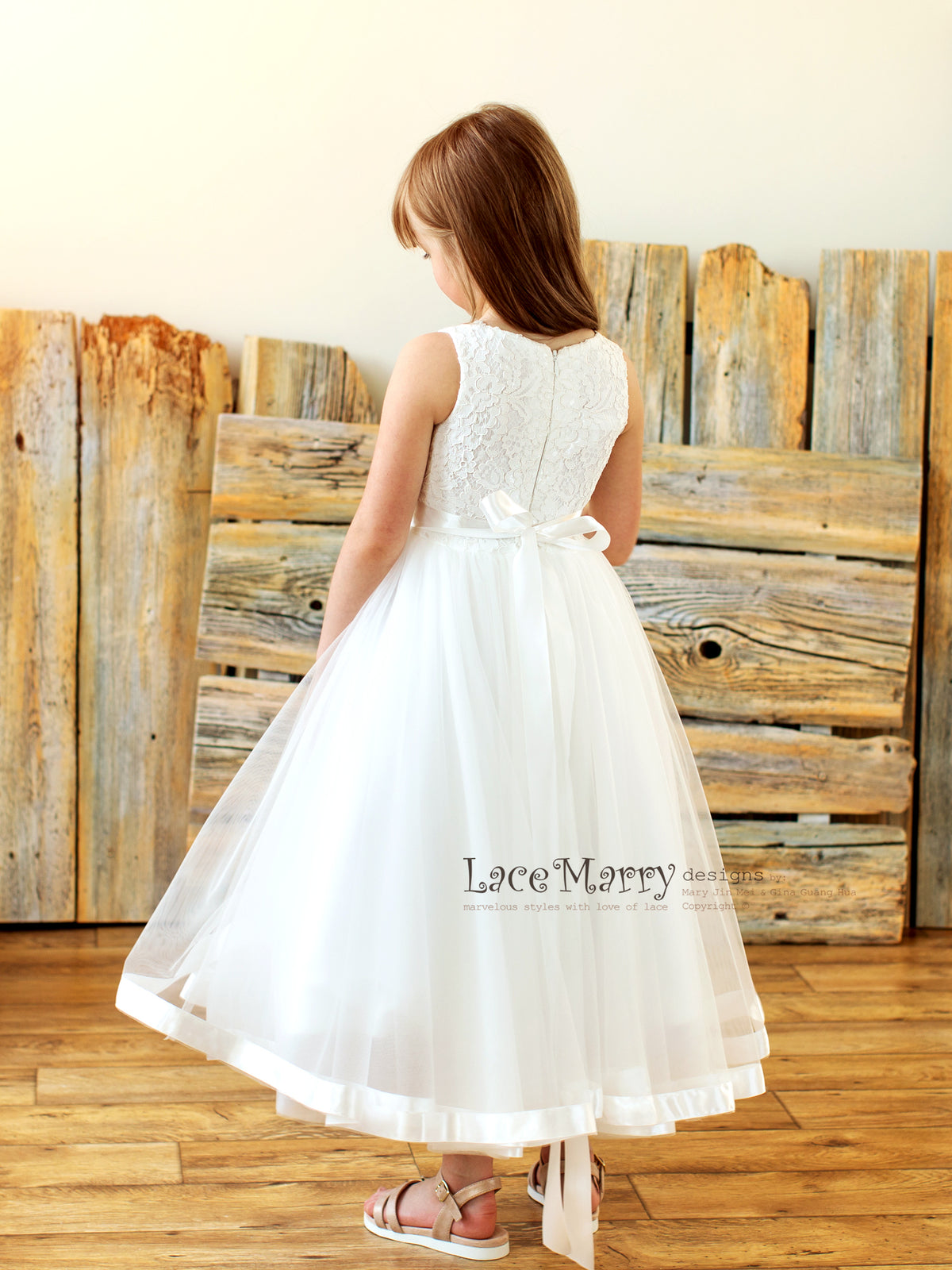 Tea Length Flower Girl Dress with Lace Top