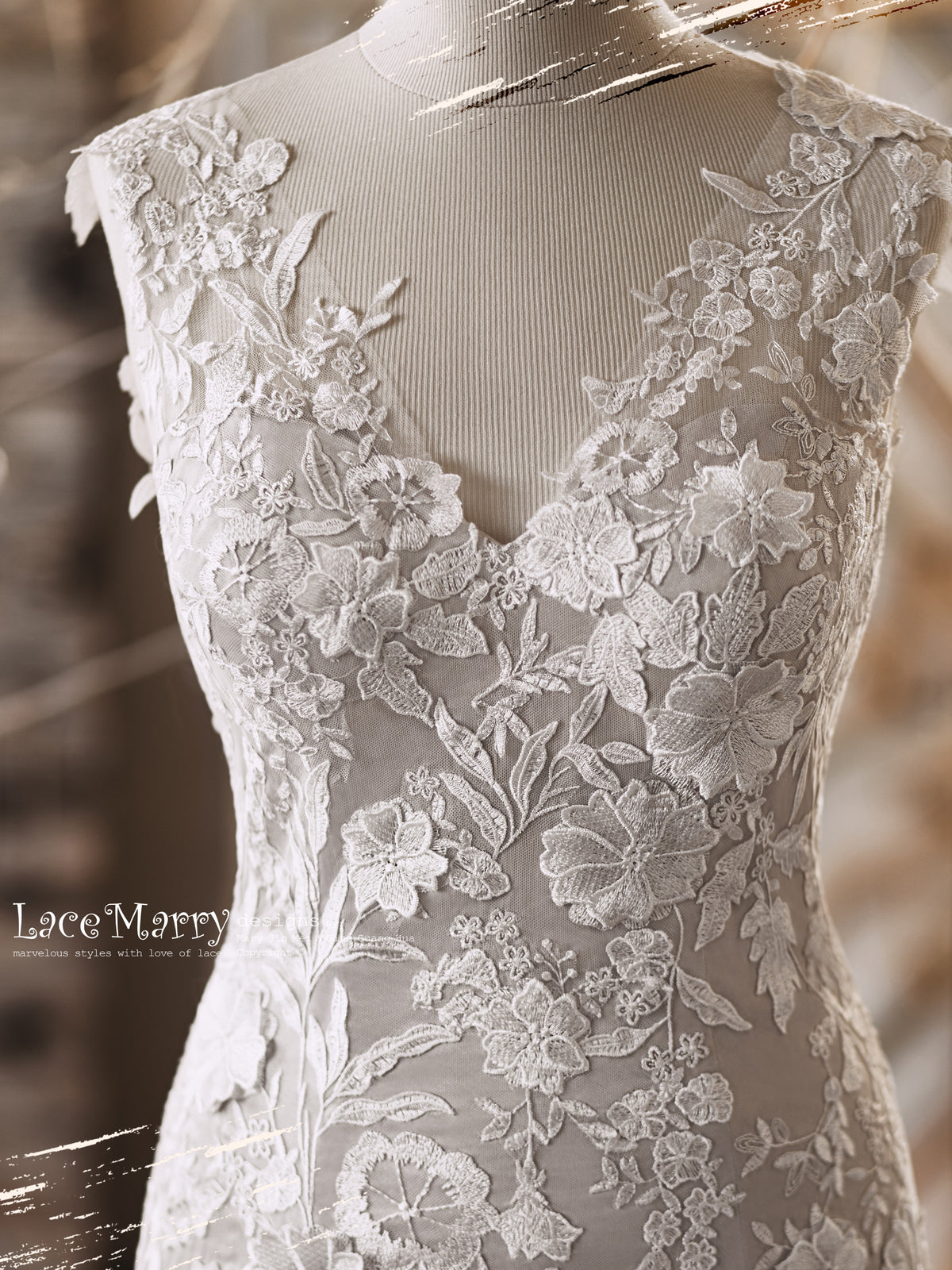 V Neckline Wedding Dress with 3D Lace and Gray Underlay