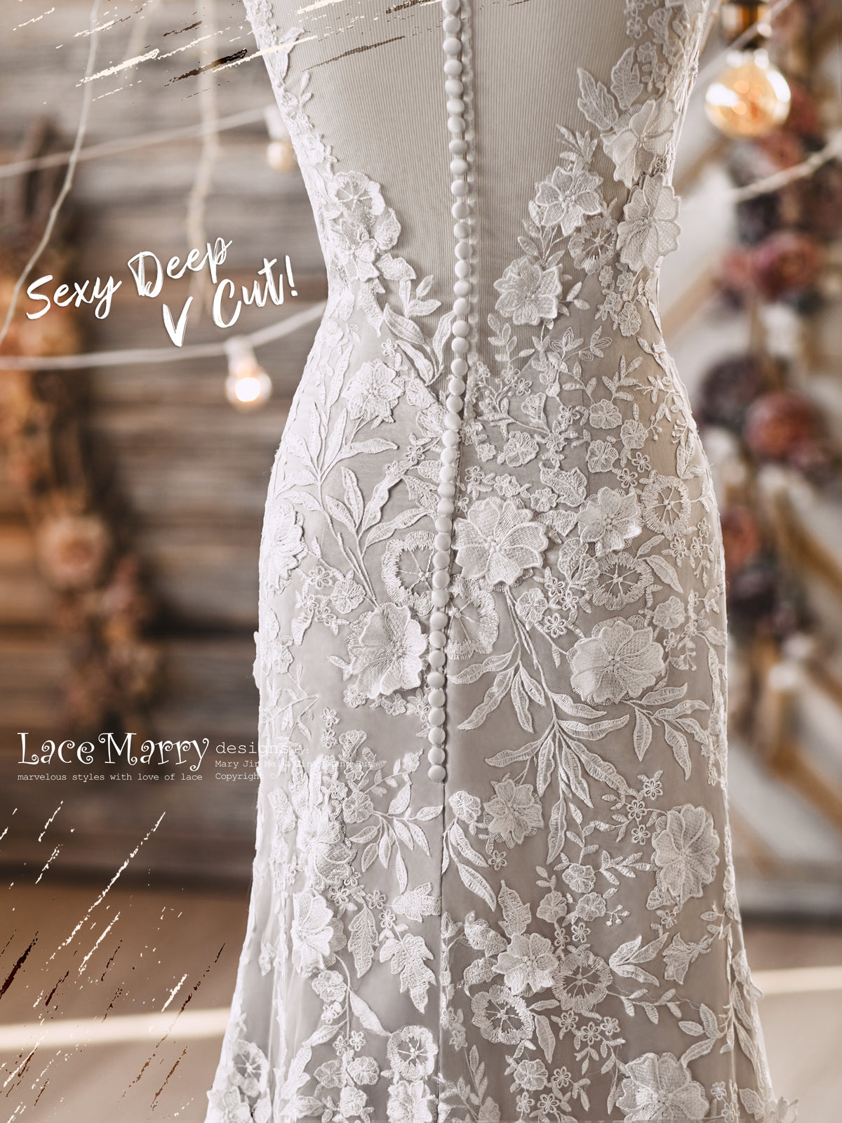 Gray Wedding Dress with Floral Lace by LaceMarry