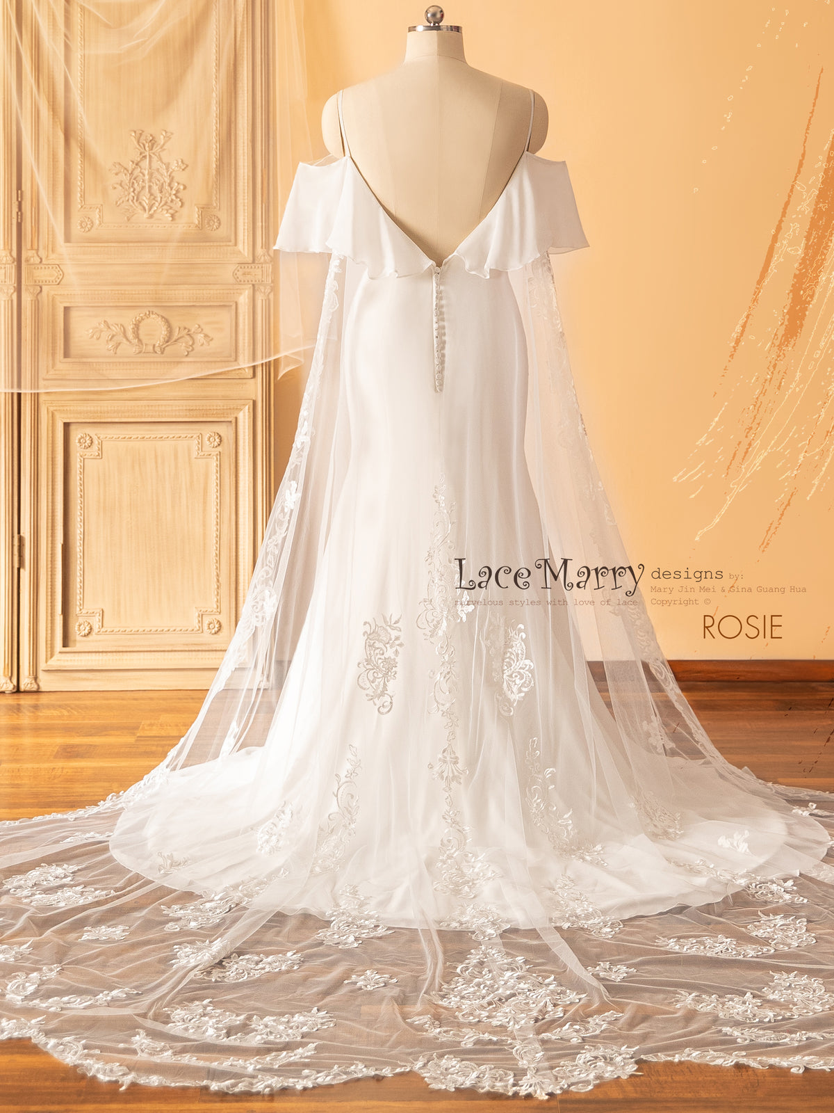 ROSIE / Off Shoulder Wedding Dress with Built-in Lacy Train