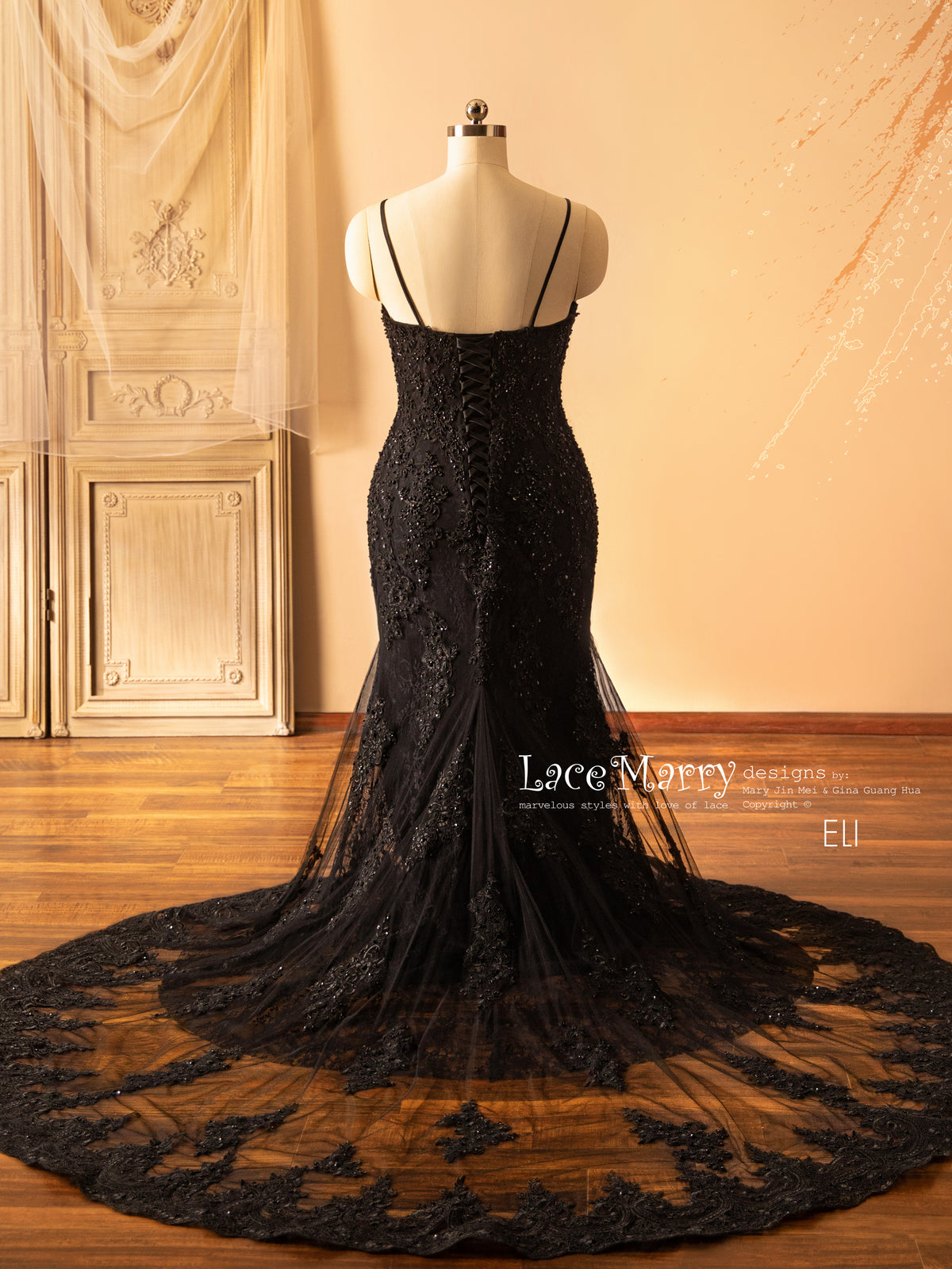 ELI / Black Wedding Dress with Thin Straps