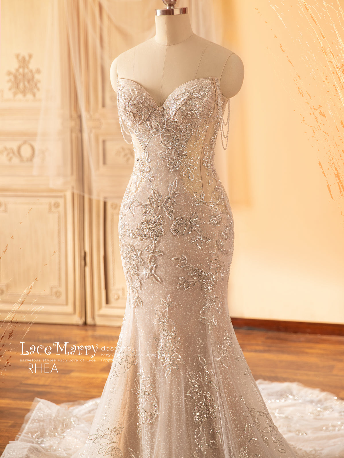 RHEA / Glitter Wedding Dress with Beaded Straps
