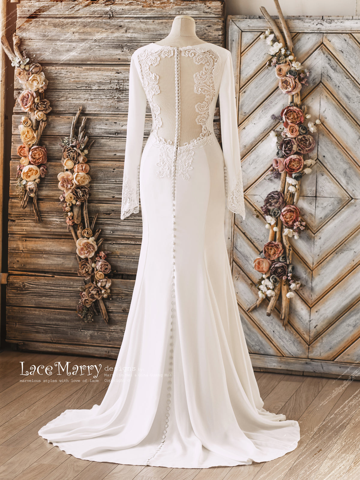 VANESSA / Plain Wedding Dress with Long Sleeves and Illusion Back
