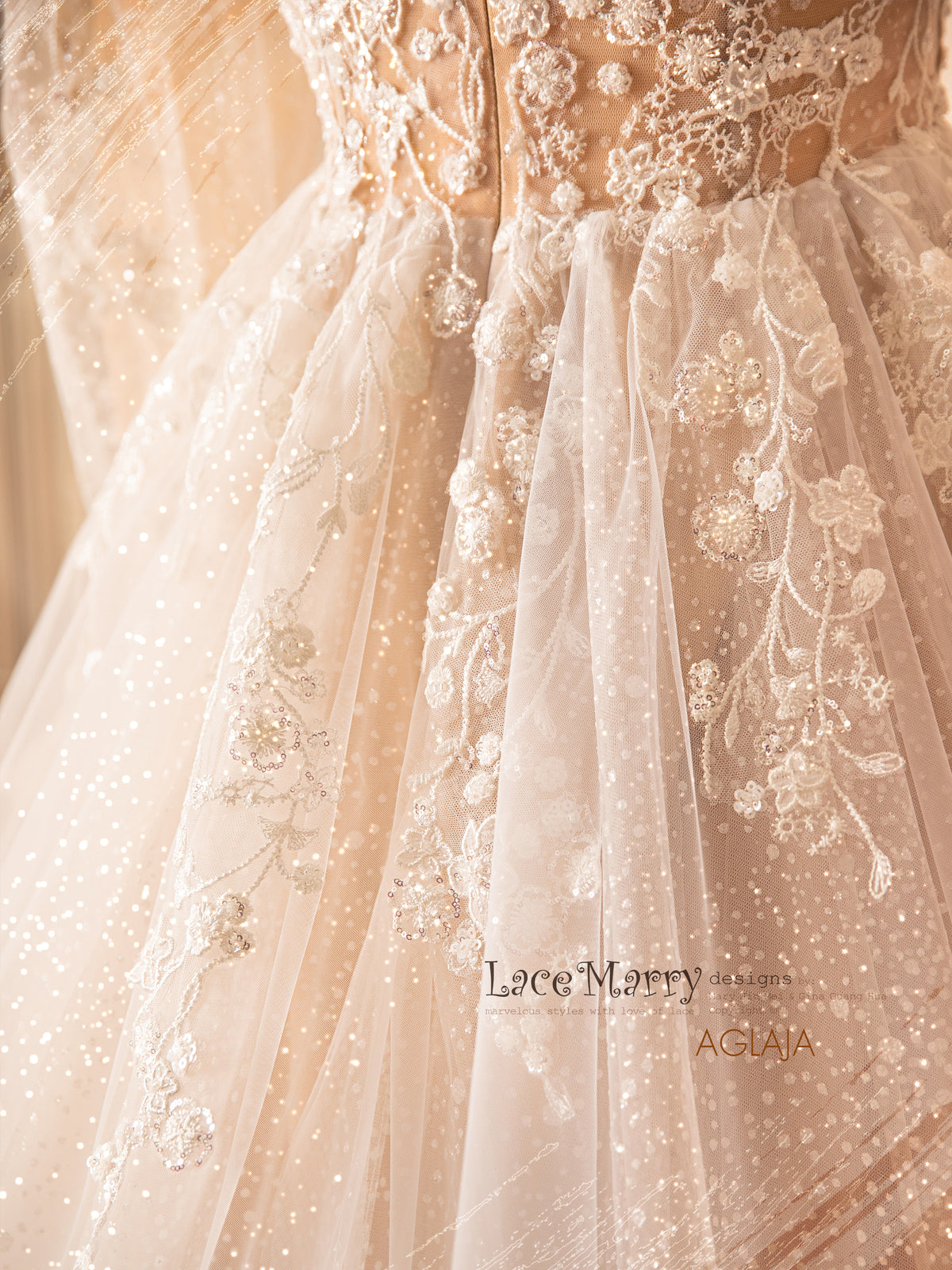 AGLAJA / Long Puff Sleeves Wedding Dress with Glitter Skirt