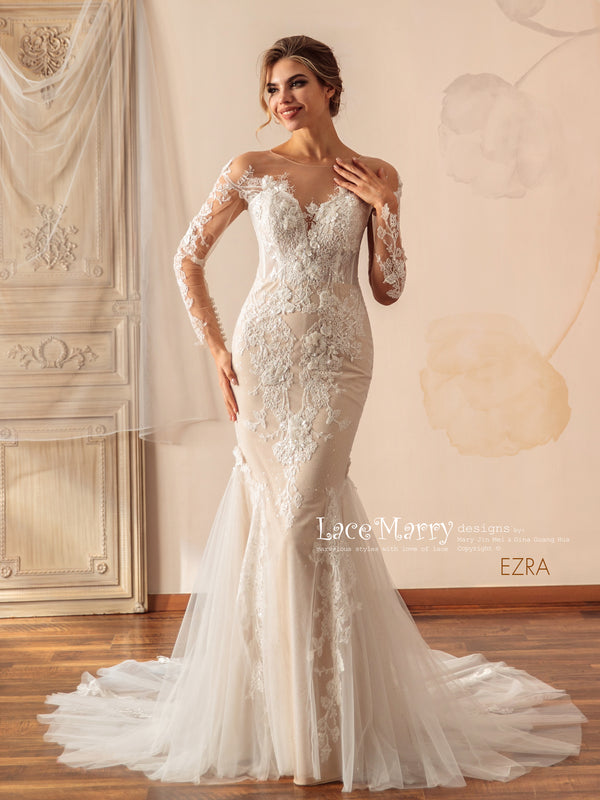 Light Champagne Lace Illusion Neck Mermaid Wedding Gown - VQ