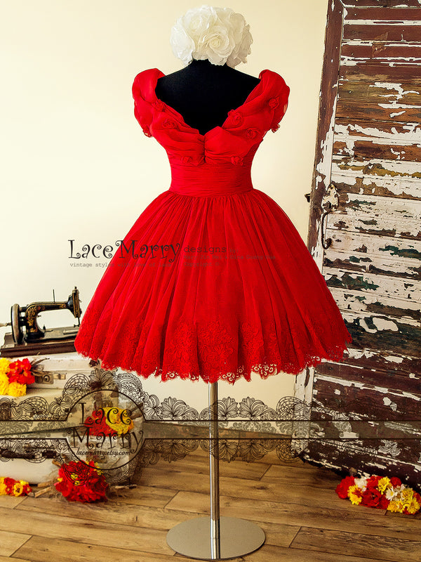 Princess Short Red Dress with Off Shoulder Organza Top Puffy Skirt LaceMarry