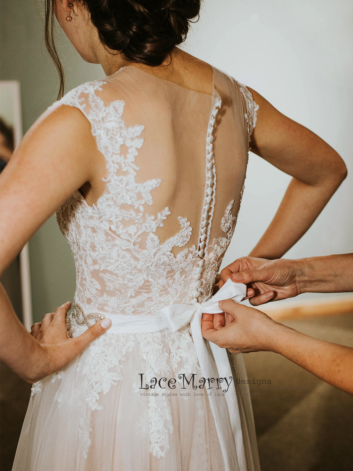 Wedding Dress with Sheer Back and Buttons