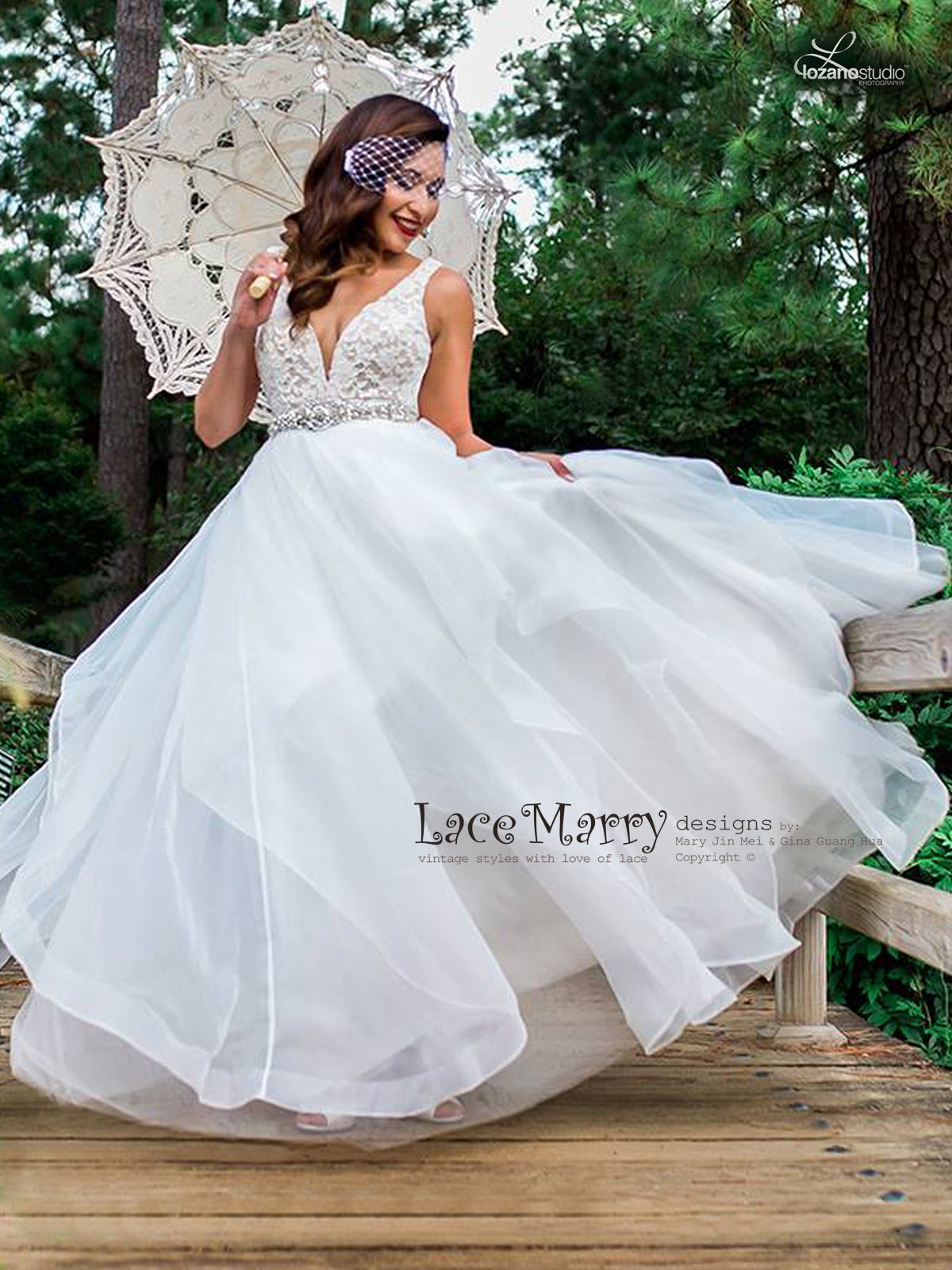 Lace Wedding Dress with Organza Skirt with Wide Hemmed Edge