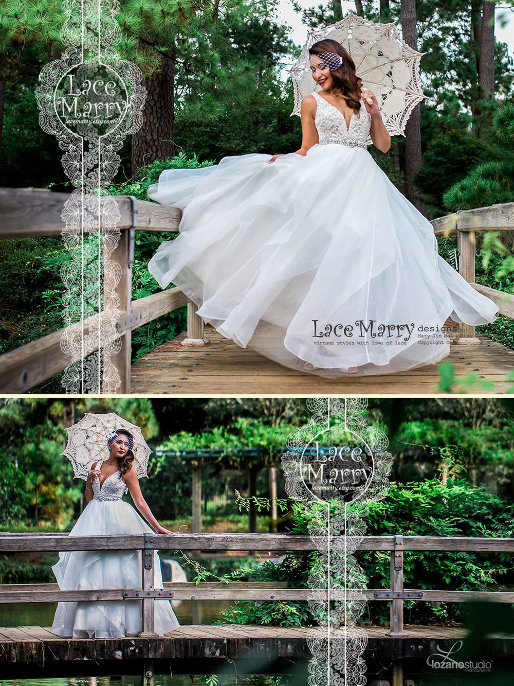 Elegant Airy Lace Wedding Dress with Multi Layered Organza Skirt