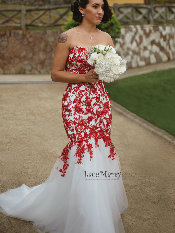 Red Lace Wedding Dress with Ivory Tulle, Strapless Sweetheart Neckline -  LaceMarry
