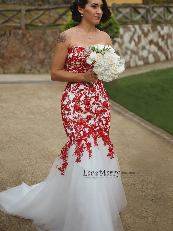 Red Lace Wedding Dress with Ivory Tulle, Strapless Sweetheart Neckline - LaceMarry Red Lace Wedding Dress with Ivory Tulle, Strapless Sweetheart Neckline - LaceMarry