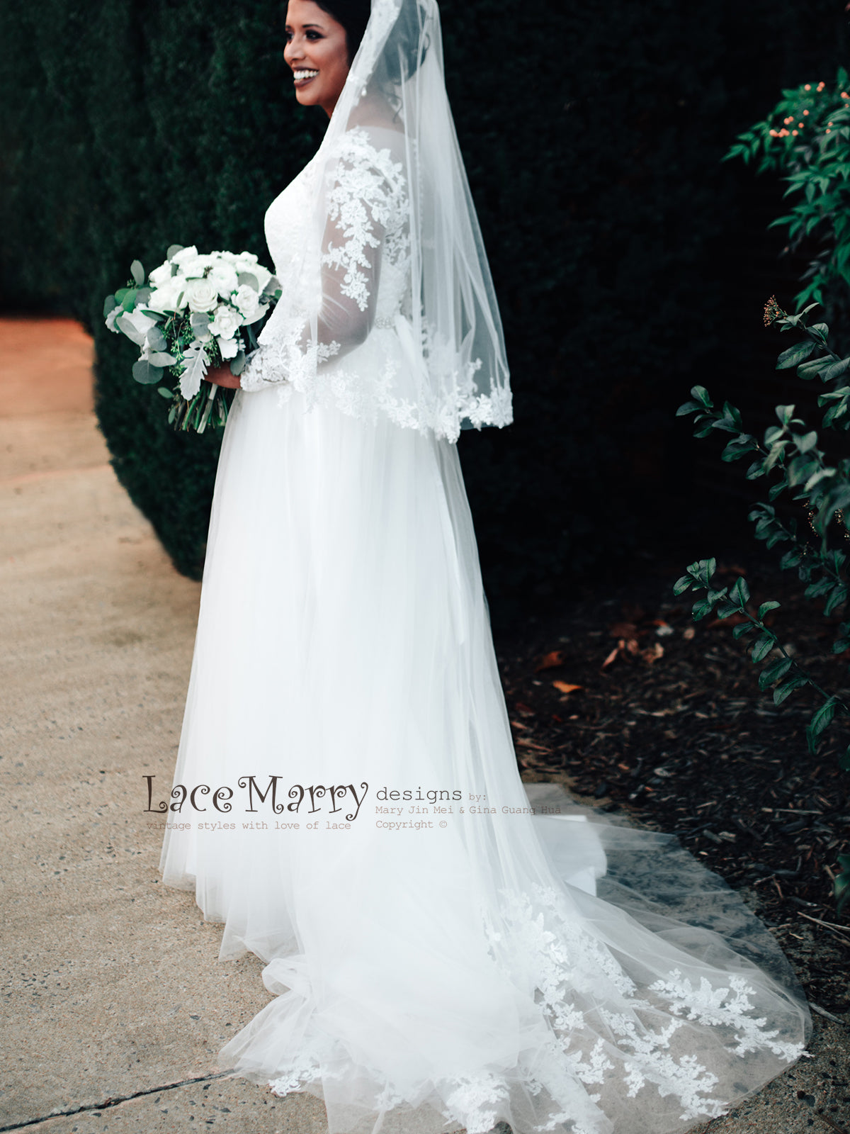 Lace Train Wedding Dress with Matching Lace Veil