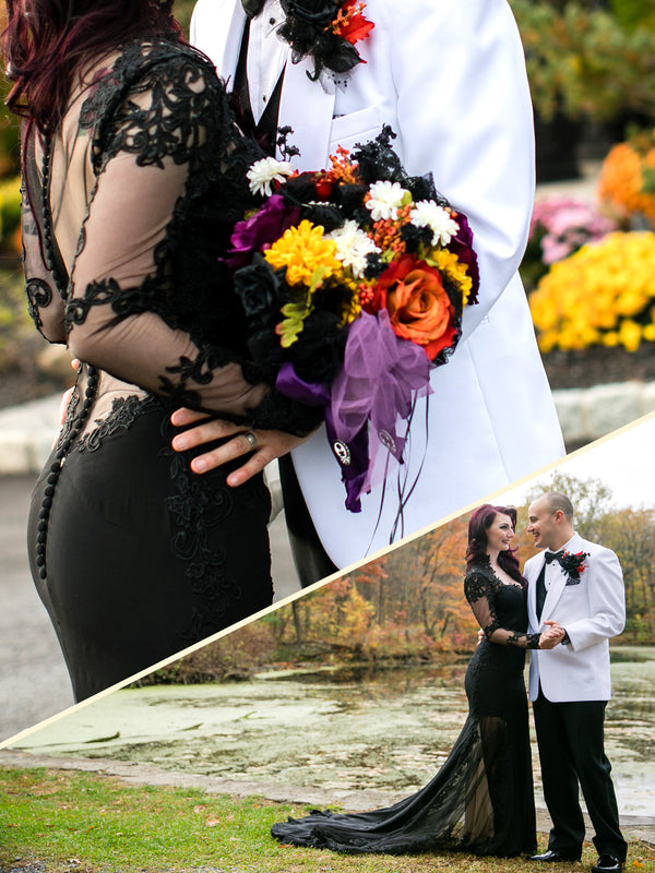 Black Lace Wedding Dress with Sexy Sheer Open Back and Long Sleeves - LaceMarry Black Lace Wedding Dress with Sexy Sheer Open Back and Long Sleeves - LaceMarry