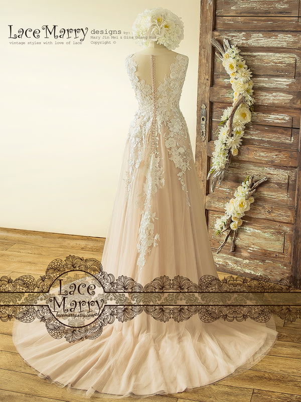 blush boho wedding dress with Ivory Lace 3D Flower Appliques Tulle