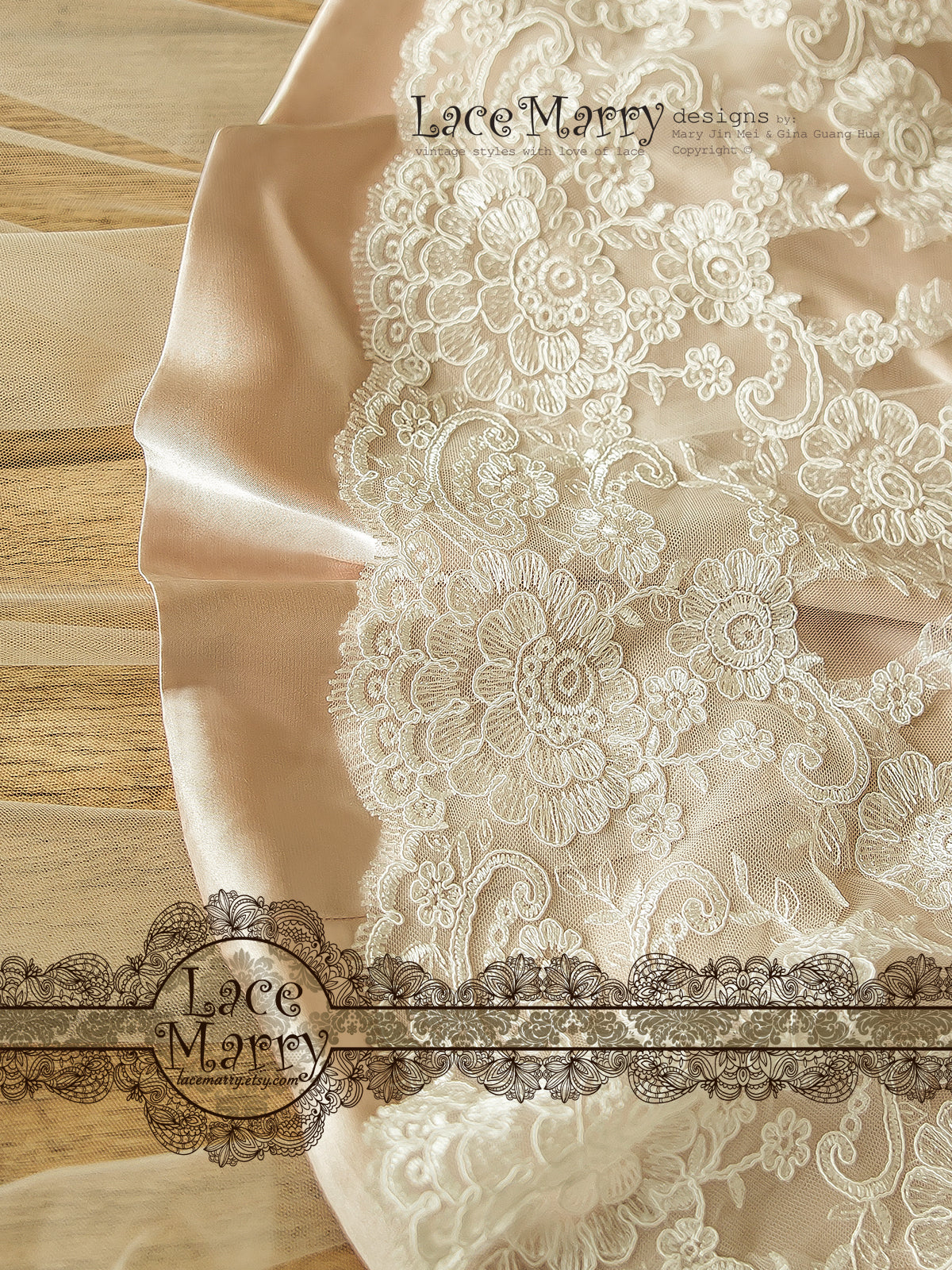 Wedding Dress with Blush Underlay and Ivory Lace
