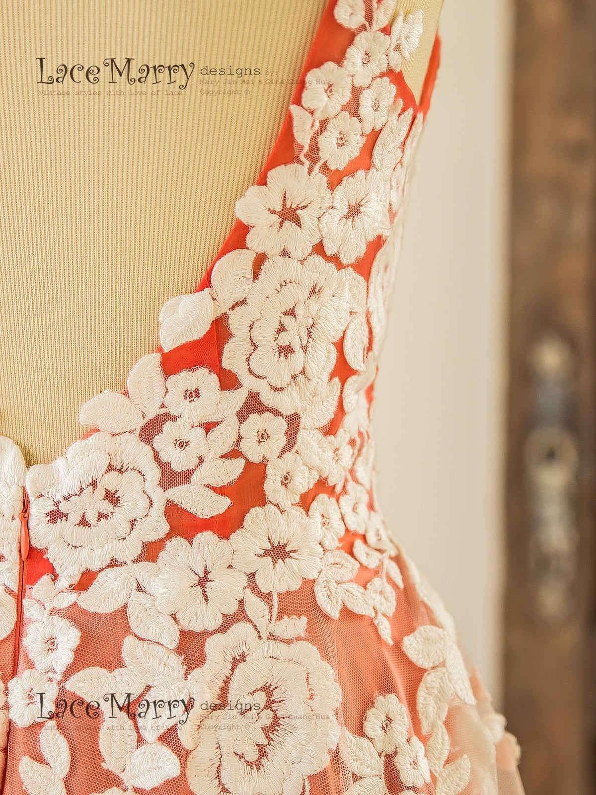 Ivory Flower Appliques on Coral Color Underlay Wedding Dress