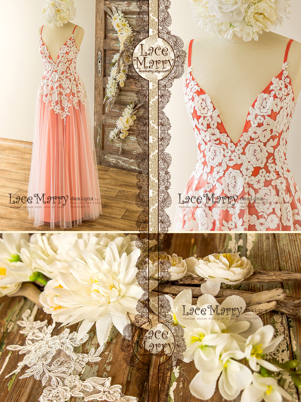 Floor Length Coral Color Wedding Dress from Flower Appliques