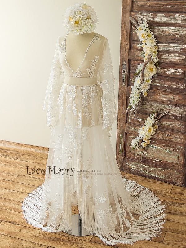 Bohemian Lace Wedding Dress with Ivory 3D Applique in Kaftan Style LaceMarry
