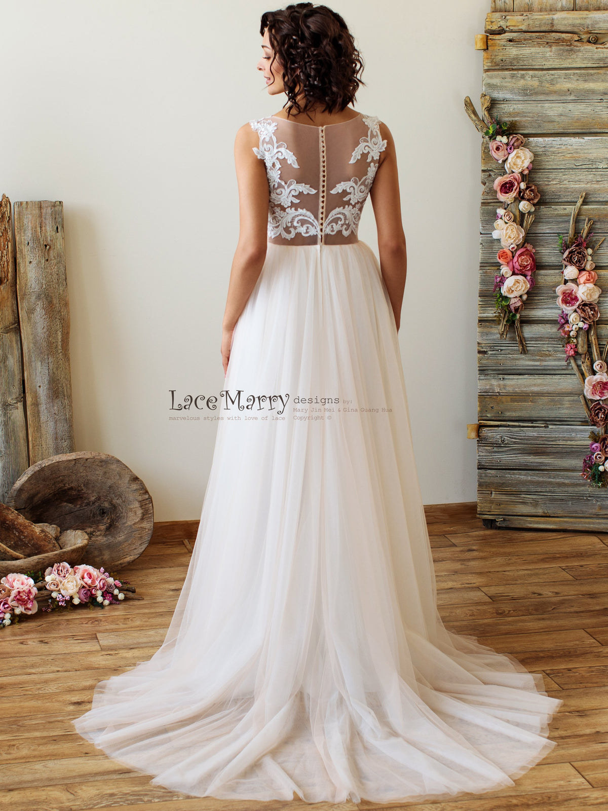 Illusion Back Wedding Dress with Ombre Skirt