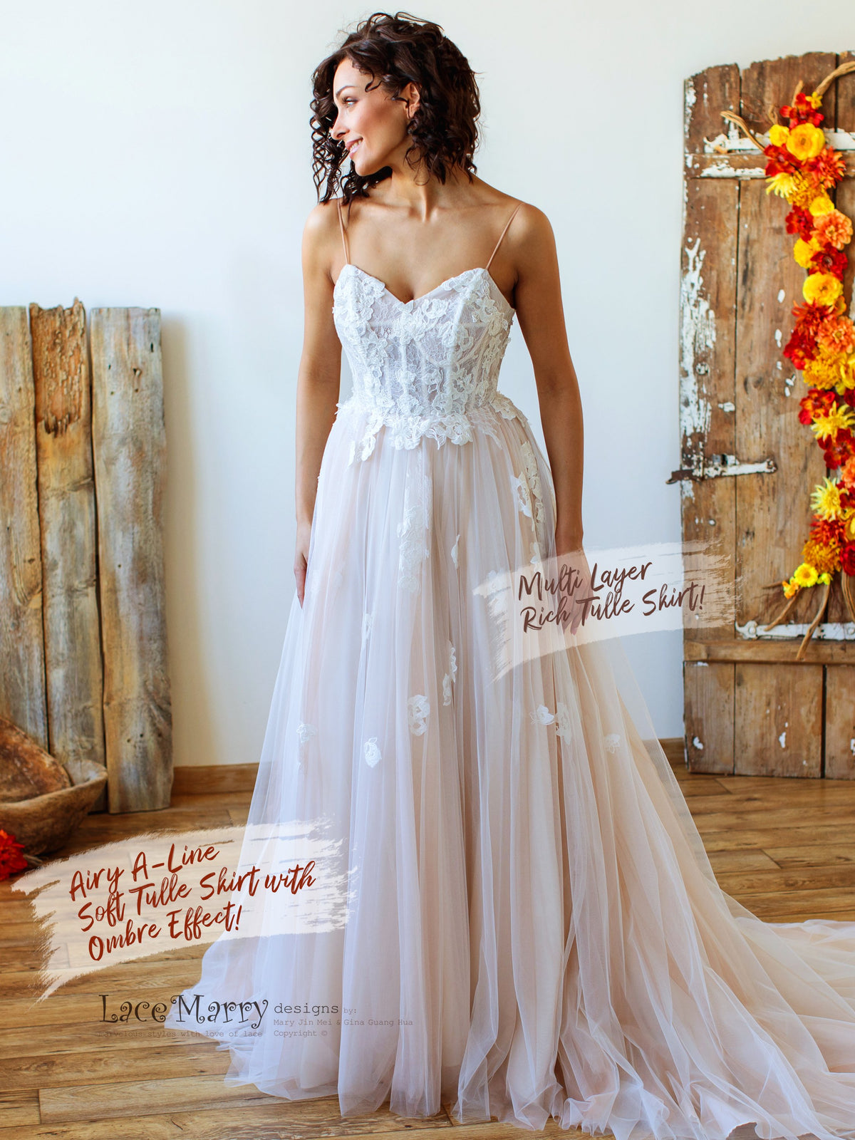 A Line Boho Wedding Dress with Tulle Skirt