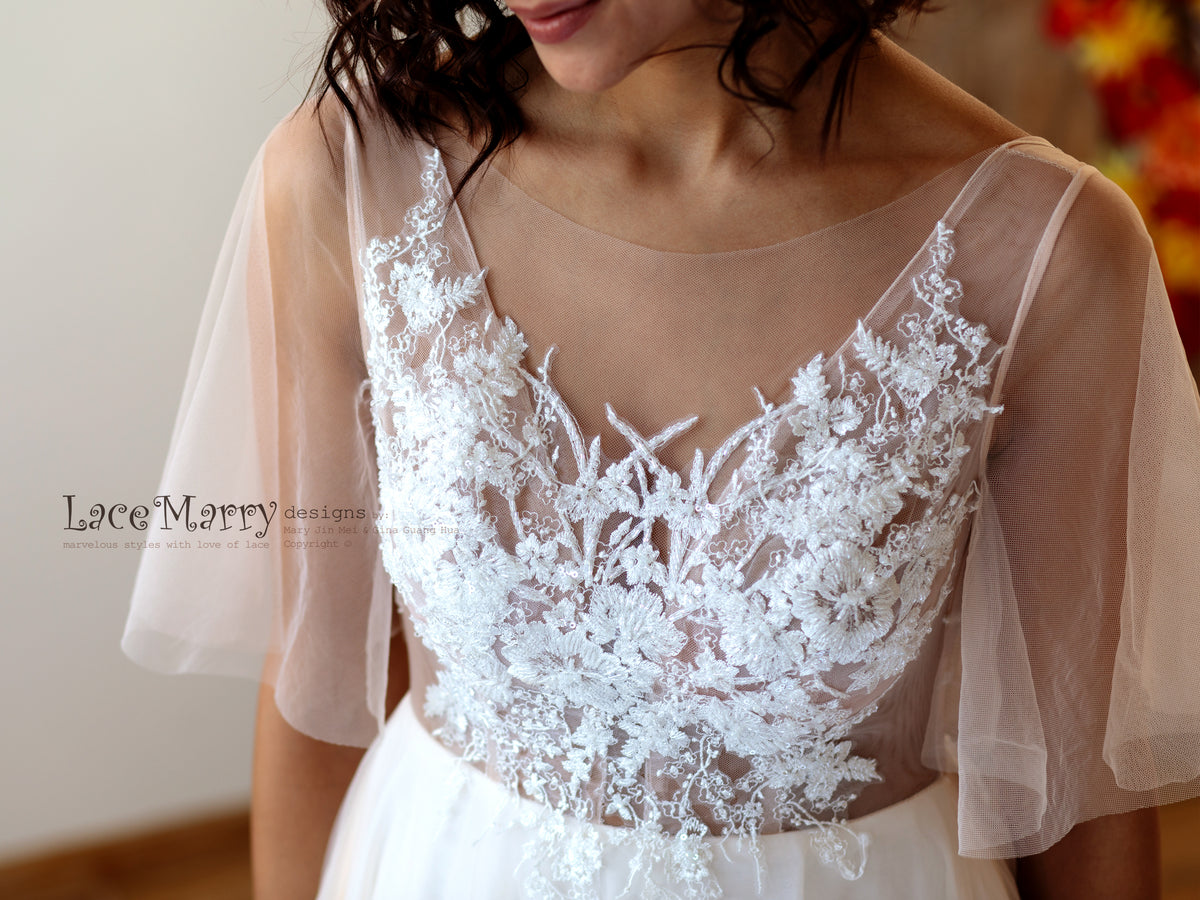 Beautiful Beading Wedding Dress with Illusion Neckline