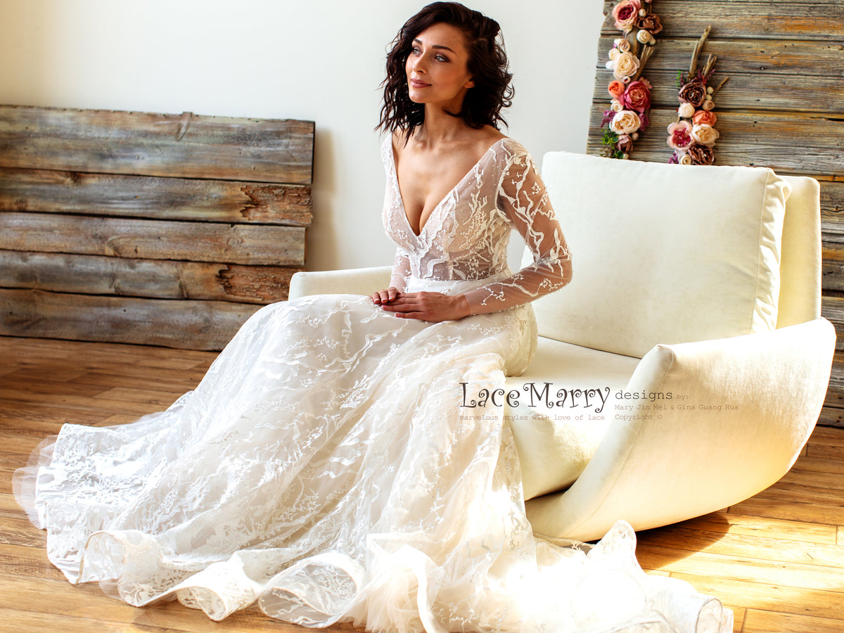 Bohemian Style Wedding Dress with Long Lace Sleeves