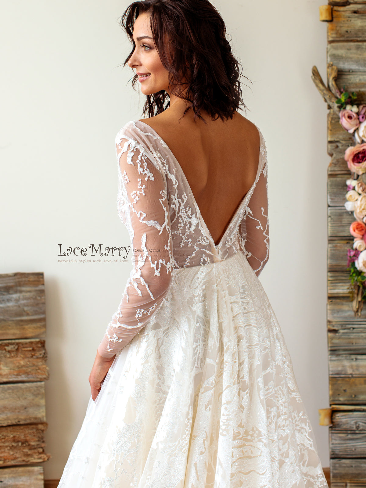 V Back Long Sleeves Couture Wedding Dress