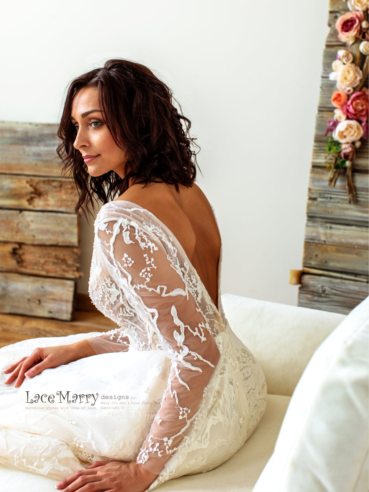 Amazing Long Lace Sleeves Wedding Dress with A Line Skirt