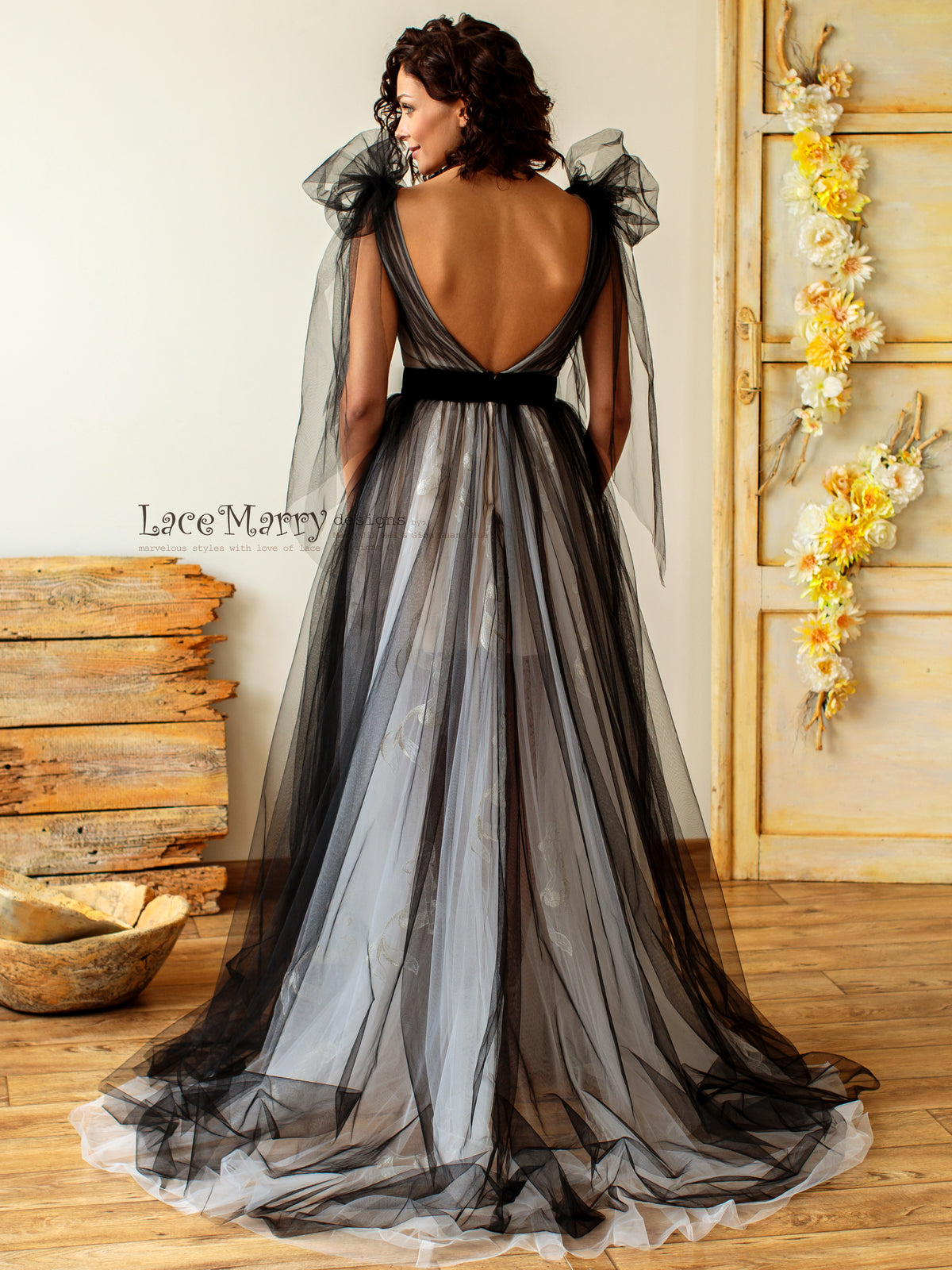 V Back Black Wedding Dress