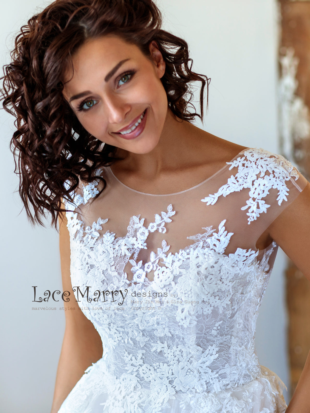 Hand Made Wedding Dress with Lace Applique Illusion Neckline