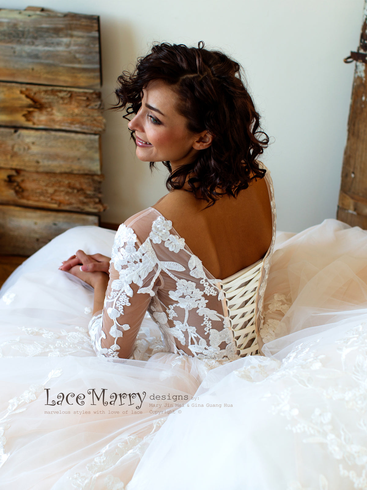 Princess Lace Wedding Dress with Sheer Long Sleeves