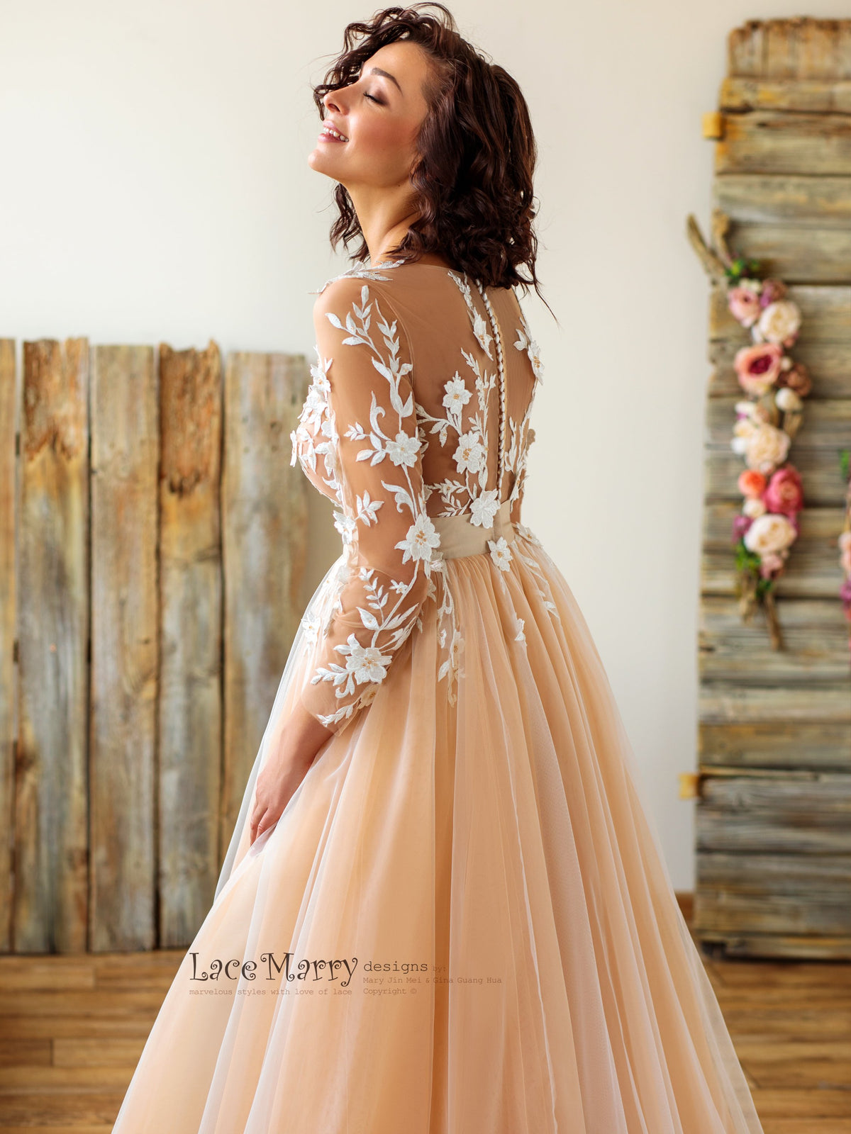 Boho Wedding Dress with Long Lace Sleeves in Nude Color