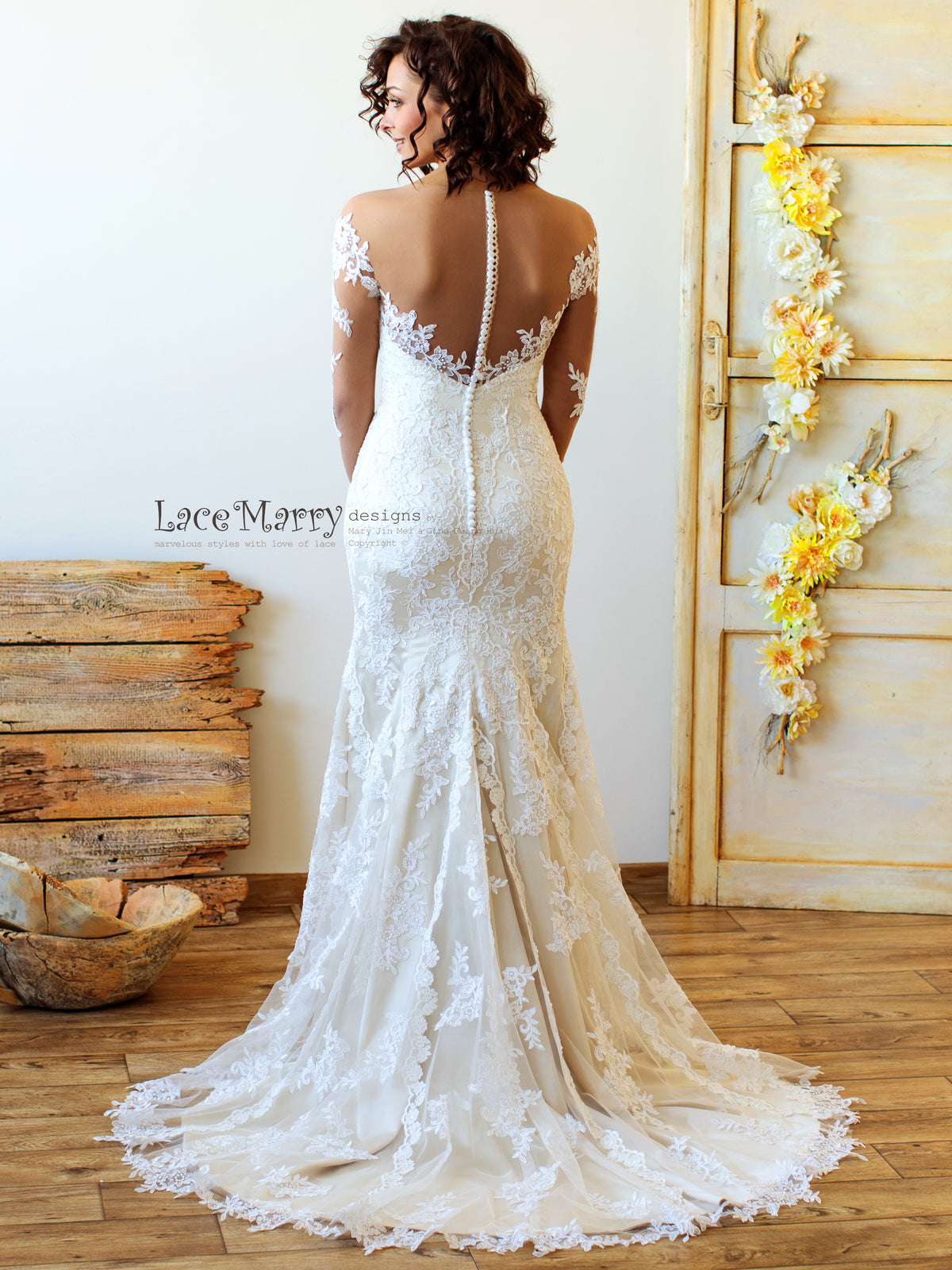 Fitted Lace Wedding Dress with Swipe Train and Buttoned Back