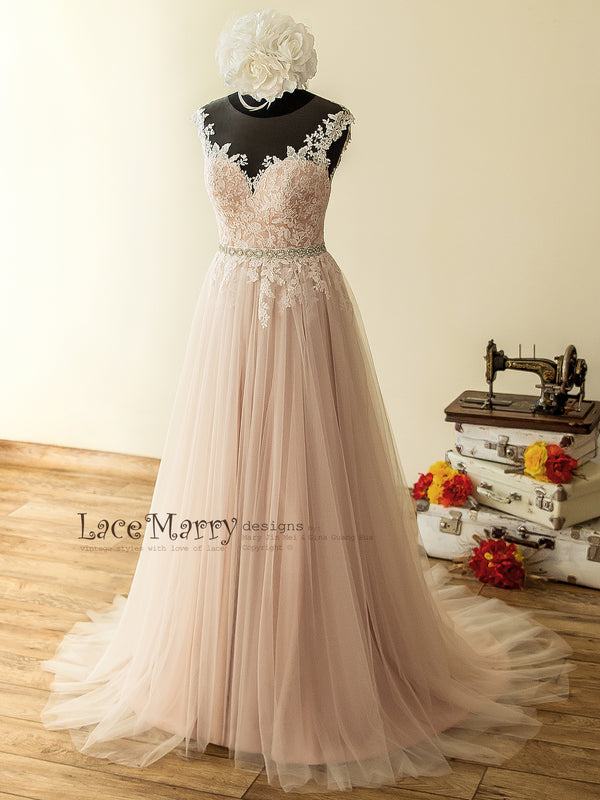 Champagne Dusty Pink Wedding Dress with Airy Tulle Skirt