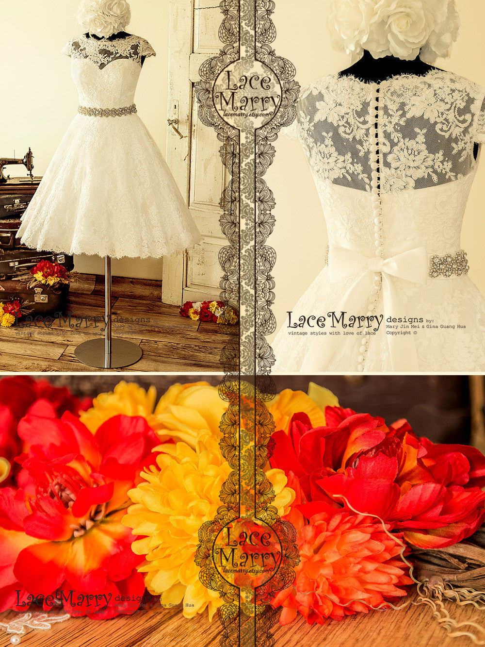 1950&#39;s Style Tea Lenght Lace Wedding Dress
