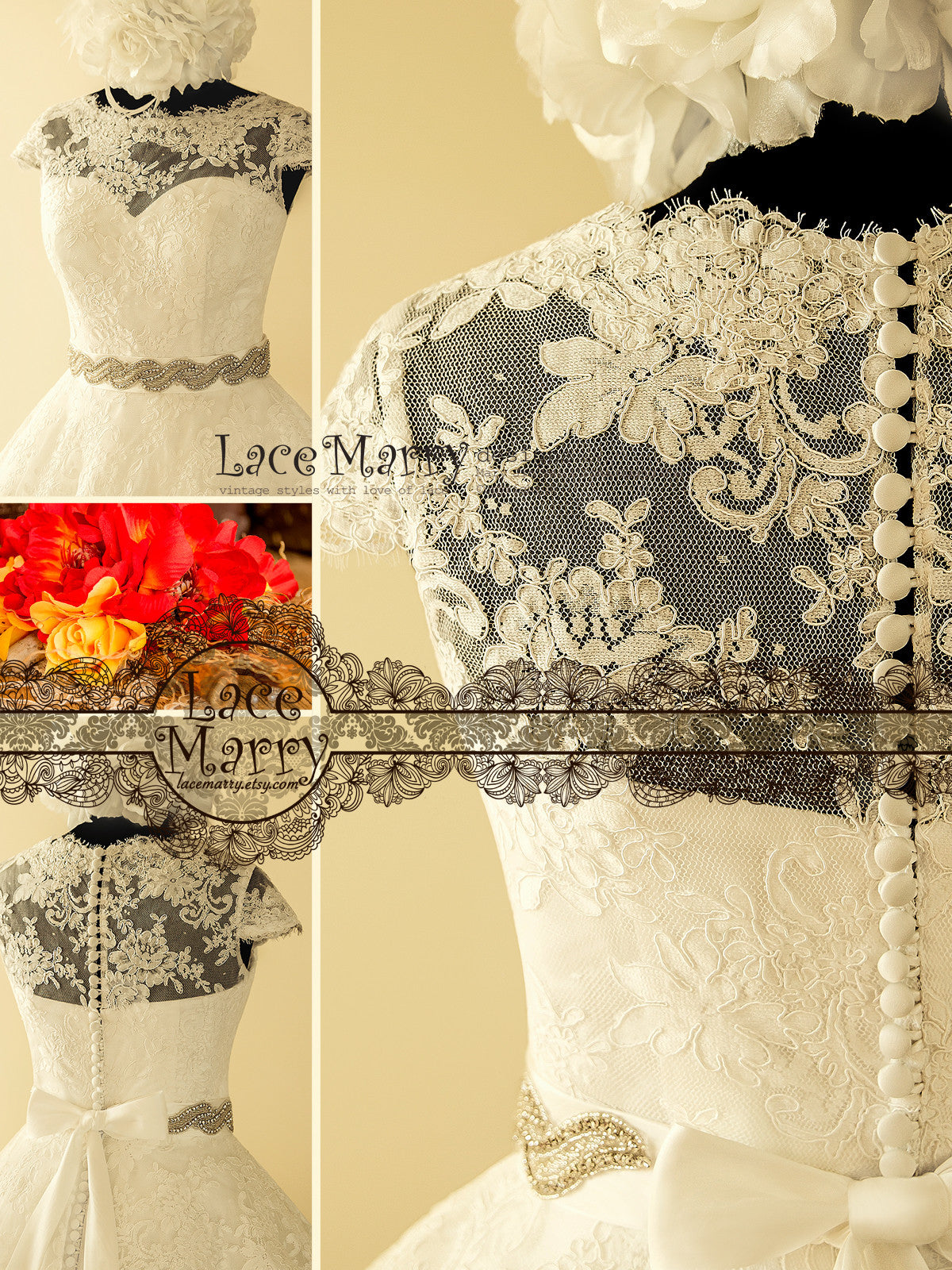 Full Lace Back Tea Lenght Wedding Dress